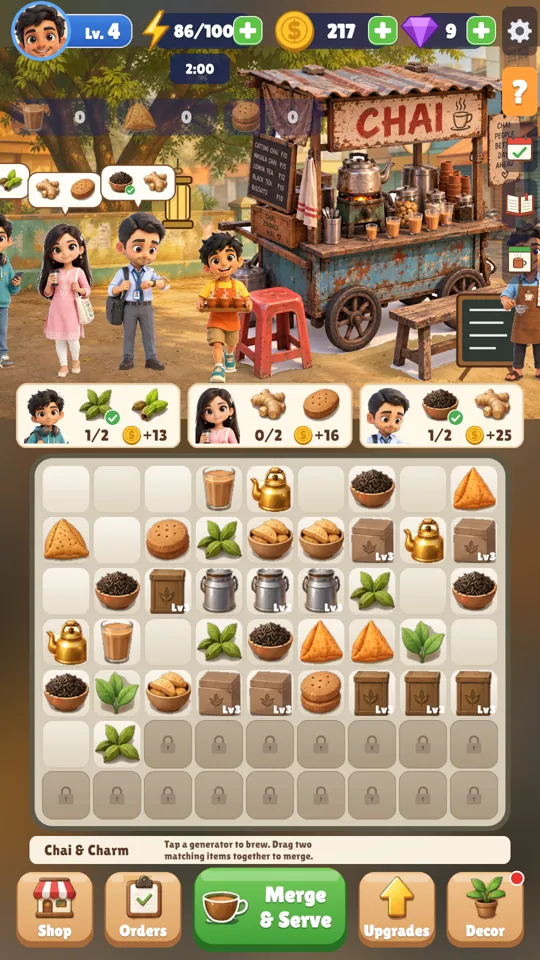 Chai & Charm merge board with chai, samosas and biscuits