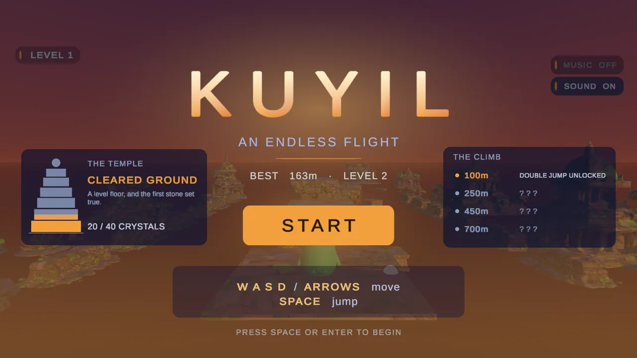 Kuyil title screen: An Endless Flight