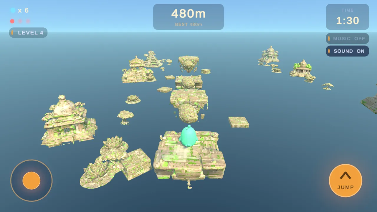 Kuyil gameplay over floating temple islands at dusk